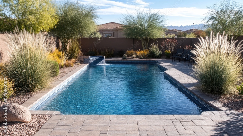 Fototapeta premium A serene swimming pool surrounded by tall ornamental grasses.