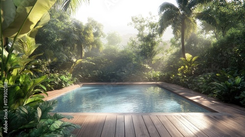 A serene swimming pool surrounded by tropical plants and wooden decking.