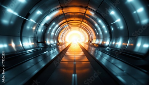 Futuristic Tunnel with End Light Glowing and Metallic Walls Creating Abstract View