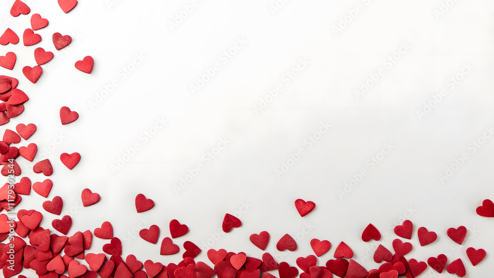 Red hearts scattered on white background in decorative layout. Red hearts scattered on white background in decorative layout.