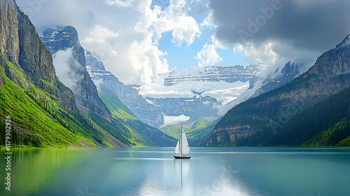 Sailboat glides on serene mountain lake, majestic peaks and cloudscape backdrop; travel postcard.