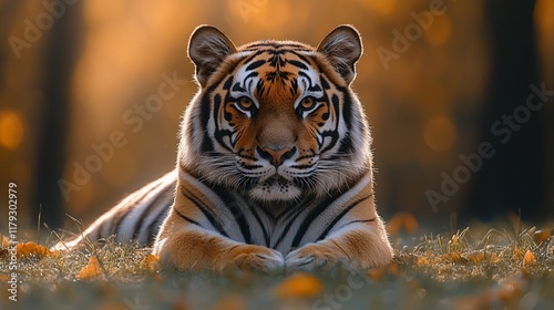 A splendid tiger resting in a surreal forest, enveloped in shimmering golden sunlight. photo