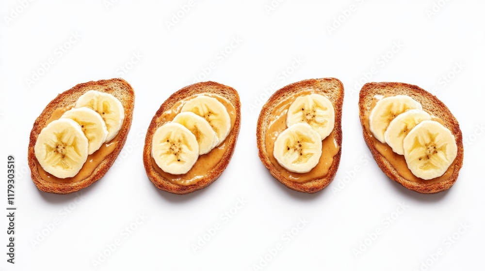 Toast with peanut butter and banana slices, set on a clean white background Toast with peanut butter and banana slices, set on a clean white background