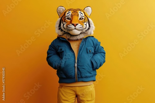 Graphic image of a stylish tiger character wearing a white t-shirt, posing confidently against a bold yellow backdrop photo