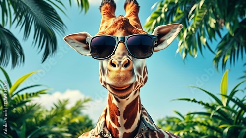 A comical giraffe wearing sunglasses and a Hawaiian shirt, surrounded by lush green jungle foliage, sunglasses, funny, silly