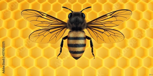 A cute bee with yellow and black stripes is flying gracefully over a hexagonal honeycomb structure made of golden honey, with delicate wings fluttering, wings, insect, structure photo