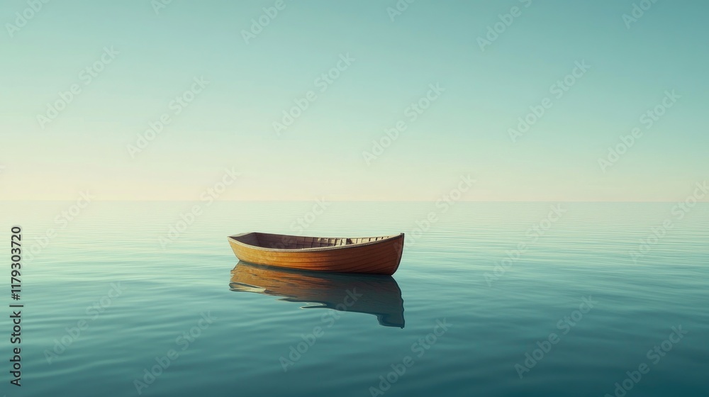 A single boat on a glassy sea, reflections perfectly mirrored. A single boat on a glassy sea, reflections perfectly mirrored.