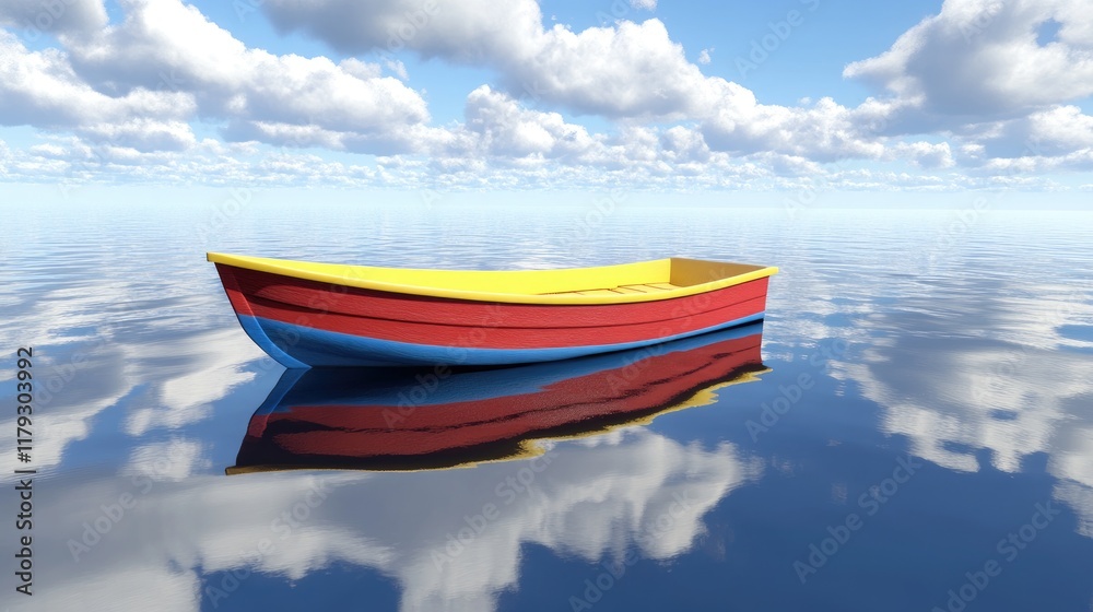 Naklejka premium A single, colorful boat positioned in calm waters at midday.