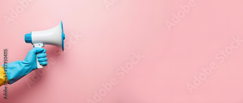 A hand wearing a blue protective rubber glove holding a megaphone, isolated on a pink background with space for text. Represents professional cleaning, spring cleaning season, and cleaning service con