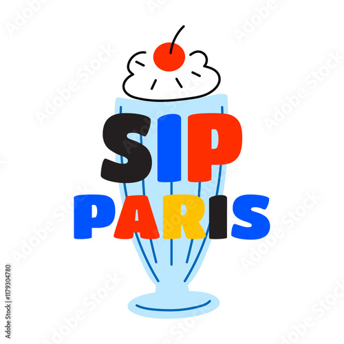 Milkshake with sip paris text, flat sticker 
