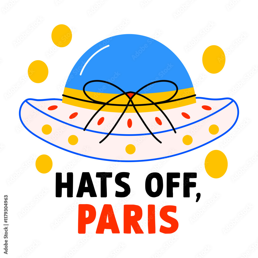 Naklejka premium Bow hat with hats off paris typography, flat sticker