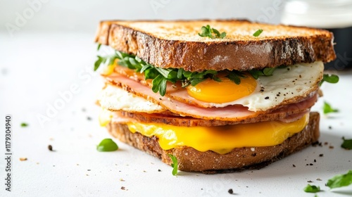 Traditional breakfast sandwich with layers of egg, cheese, and ham, on a clean white background photo