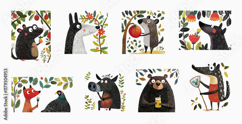 A group of various wild animals in the forest. A set of adorable animal illustrations for a kids book. AI-generated illustration