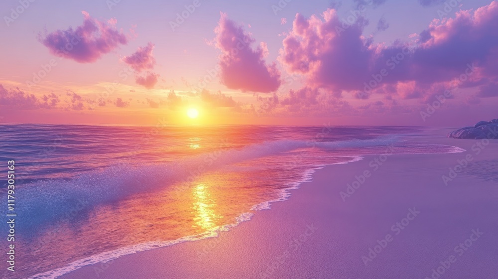 Fototapeta premium Sunset over calm ocean waves on a serene beach with vibrant colors and soft clouds. Generative AI