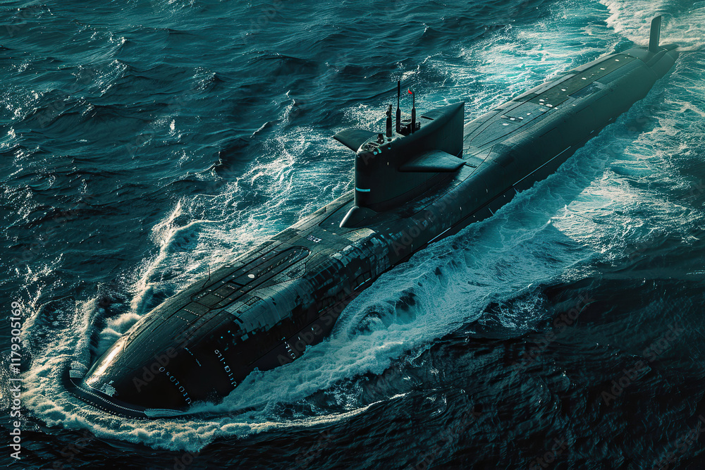 Fototapeta premium Beautiful large submarine floating in middle of deep ocean during mission, abstract vivid composition consists of fictional unreal fantastic vision on background