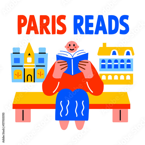 Bibliophile with paris reads text, flat sticker 


