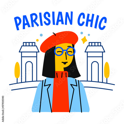 Tourist woman with parisian chic typography, flat sticker 
