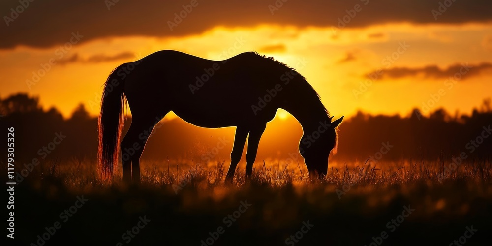 Silhouette of a tranquil horse grazing during sunrise, showcasing the serene beauty of a horse in a peaceful moment as the light gently illuminates the scene, highlighting the horse s form.