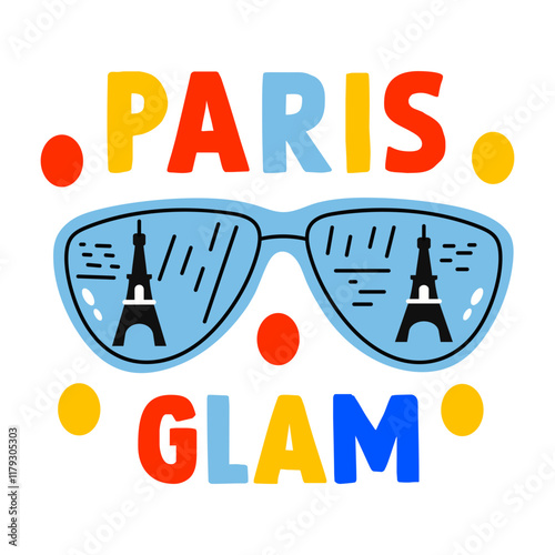 Goggles with eiffel tower view and paris glam text, flat sticker 
