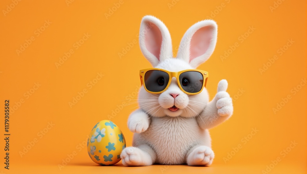 Easter bunny wearing sunglasses showing thumbs up with decorated egg