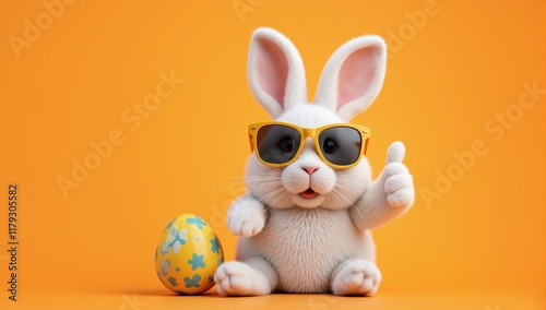 Easter bunny wearing sunglasses showing thumbs up with decorated egg