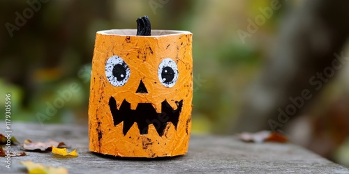 Halloween DIY project showcasing kids creativity through step by step instructions for making a spooky orange monster pumpkin using a toilet roll tube. This children craft promotes eco friendly reuse photo