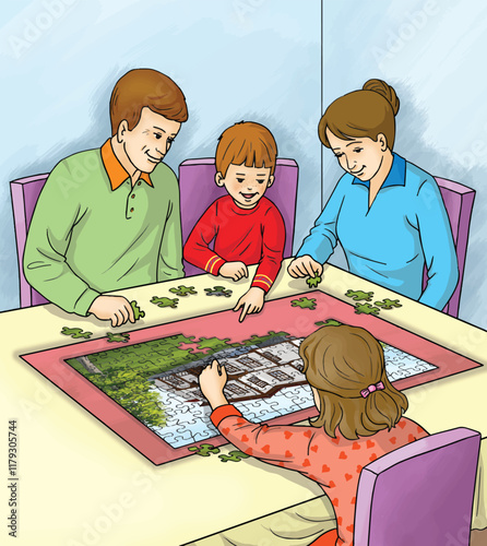 Happy family making puzzles at the table.