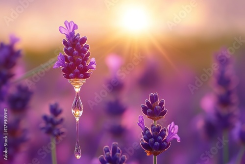 Lavender essential oil dripping from a beautiful bottle on the side on a blurred background of nature and lavender, hd image photo