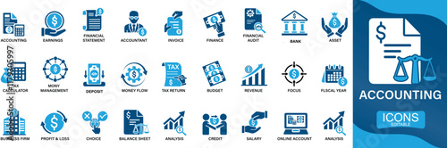 Accounting financial statement, accountant, financial audit, invoice, tax calculator, business firm, tax return, You can easily change the color.