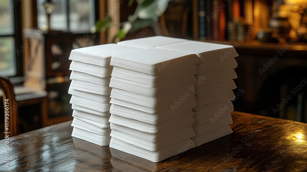 Stacked Blank White Paper Coasters On Wooden Table Stacked Blank White Paper Coasters On Wooden Table