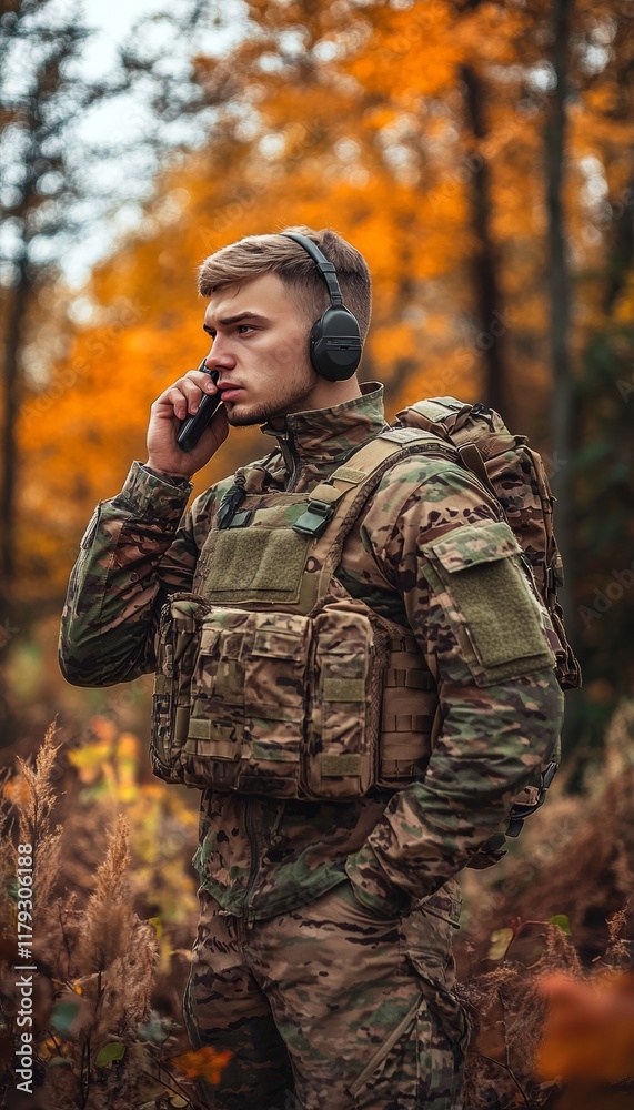 Obraz premium Focused Soldier in Camouflage, Urgent Communication in Autumn Forest, Military Operation