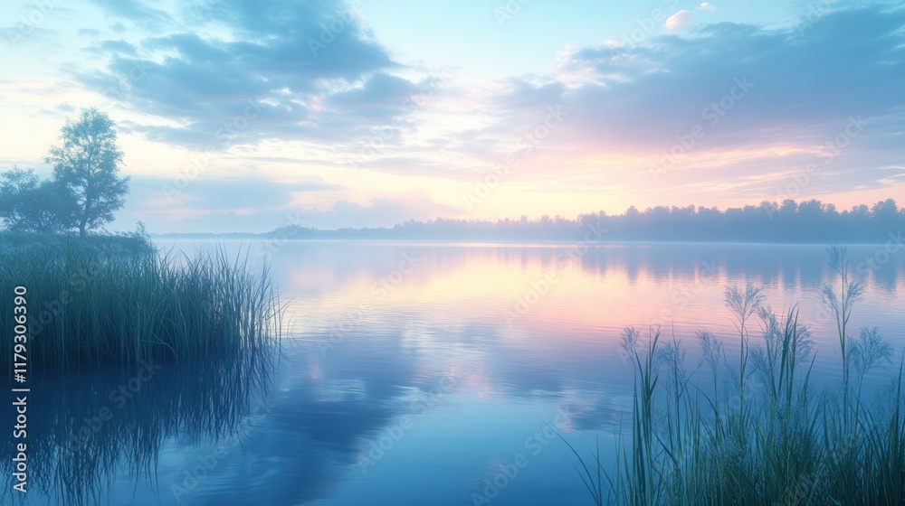 Serene sunset over calm lake with reflections and lush greenery in the early evening mist. Generative AI Serene sunset over calm lake with reflections and lush greenery in the early evening mist. Generative AI