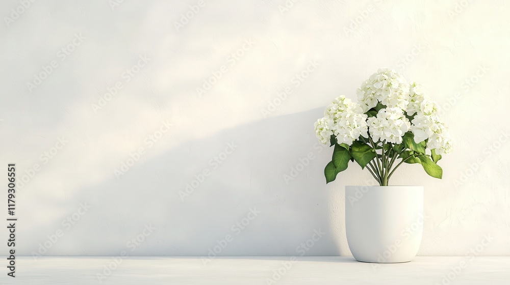 Fototapeta premium White Hydrangea Flower Arrangement in Minimalist Pot