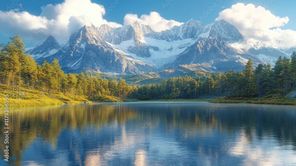 A serene mountain landscape reflecting in a calm lake under a bright sky. A serene mountain landscape reflecting in a calm lake under a bright sky.