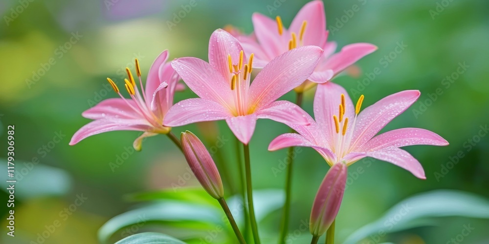 Stunning close up of beautiful pink rain lily showcasing delicate petals against a backdrop of blurred green leaves, highlighting the charm of the beautiful pink rain lily in nature. Stunning close up of beautiful pink rain lily showcasing delicate petals against a backdrop of blurred green leaves, highlighting the charm of the beautiful pink rain lily in nature.