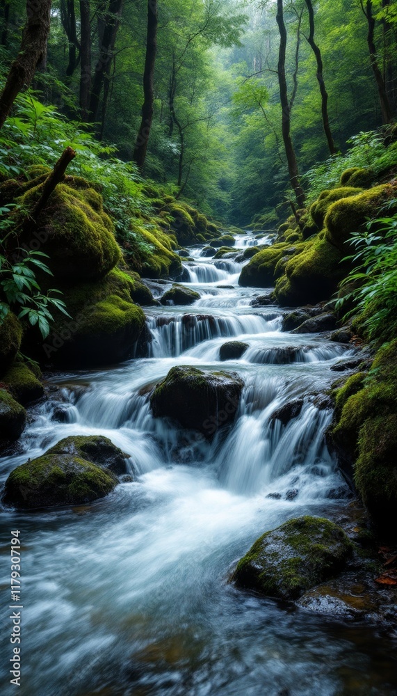 Lush green forest stream with mossy rocks and cascading waterfalls in a serene setting Lush green forest stream with mossy rocks and cascading waterfalls in a serene setting