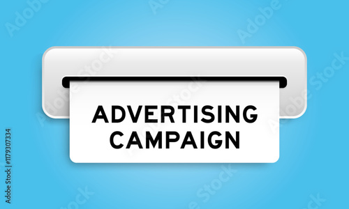 White coupon banner with word advertising campaign from machine on blue color background