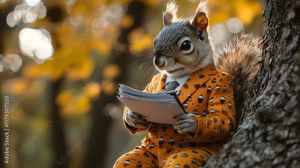 Fototapeta premium Cheeky Squirrel in Business Attire Perched on Tree Branch Holding Documents