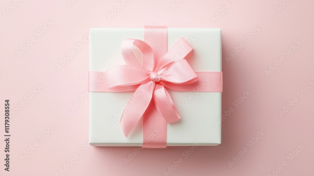 Mother's Day, Valentine's Day, Christmas and New Year gifts concept. White gift box with a pink bow on a pale pink background, top view. Mother's Day, Valentine's Day, Christmas and New Year gifts concept. White gift box with a pink bow on a pale pink background, top view.