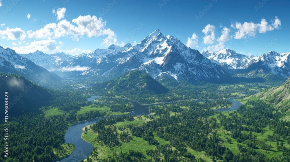 Obraz premium Mountain landscape view from above, valley with river, blue sky for travel or nature