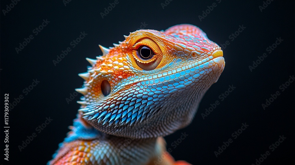 Obraz premium A vivid depiction of a bearded dragon lizard highlighting its intricate scales and intense stare against a shadowy backdrop.