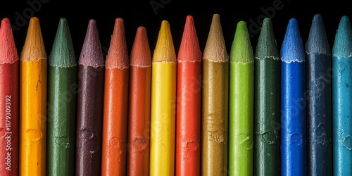 Vibrant colored crayons arranged neatly side by side, showcasing a variety of hues, creating an eye catching display of colored crayons perfect for artistic inspiration and creativity.