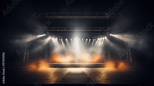 Empty concert stage with dramatic lighting and smoke effects creating an atmospheric setting for a live performance or event backdrop