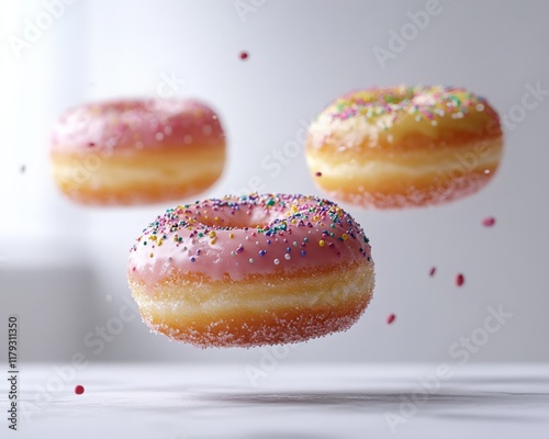 Wallpaper Mural Three delicious pink donuts with sprinkles, levitating against a bright background.  Perfect for food blogs, advertisements, and packaging. Torontodigital.ca