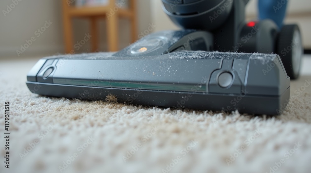 Close-up of a modern vacuum cleaner on a carpeted floor, vacuuming dust and debris, emphasizing powerful suction and cleanliness. Close-up of a modern vacuum cleaner on a carpeted floor, vacuuming dust and debris, emphasizing powerful suction and cleanliness.