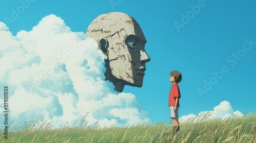 Boy gazes at giant stone head in sky, amidst grassy field and clouds.