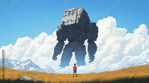 Boy gazing at a colossal stone golem in a vast landscape under a bright sky.