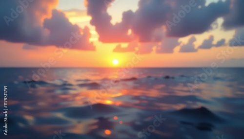 Golden Sunset Over Ocean With Clouds, Blur Effect