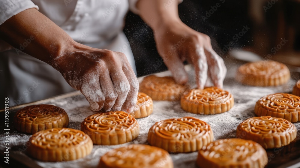 A chef carefully arranges a mooncake on a tray, showcasing intricate patterns with flour-dusted hands, preparing for a festive Chinese New Year celebration. A chef carefully arranges a mooncake on a tray, showcasing intricate patterns with flour-dusted hands, preparing for a festive Chinese New Year celebration.