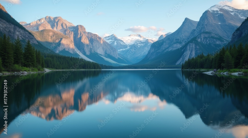 Fototapeta premium Serene lake reflecting the surrounding mountains and trees